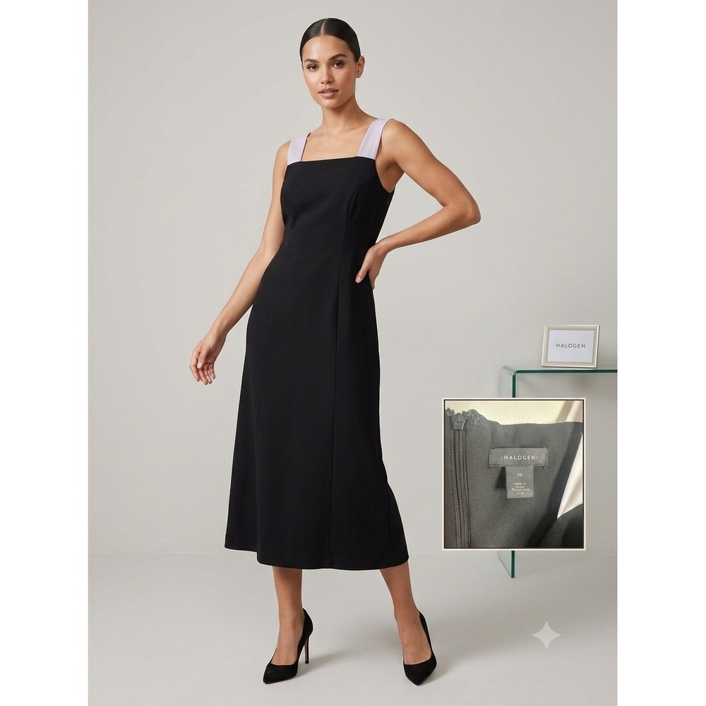 Halogen Womens Midi Dress Black Square Neck Size M Sleeveless